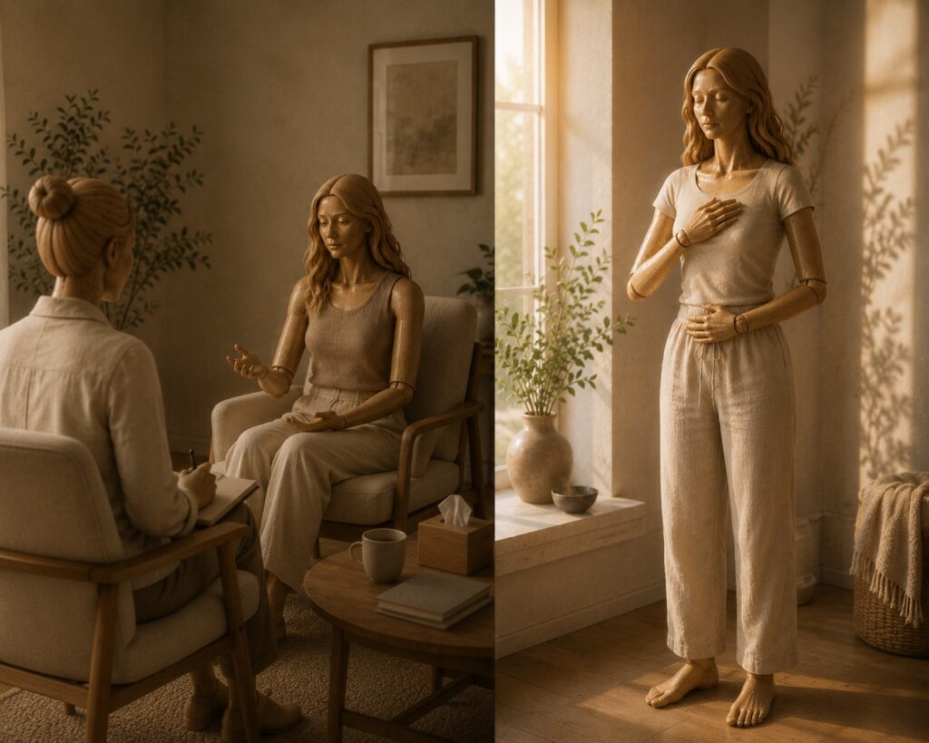 Conceptual illustration of side by side comparison of a therapy session and a somatic coaching session showing the difference between the two approaches