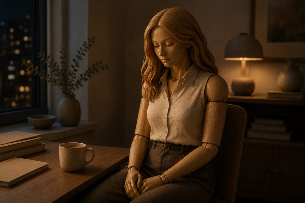 Conceptual illustration of a woman sitting quietly at a desk, looking down, appearing exhausted despite a calm and composed exterior.