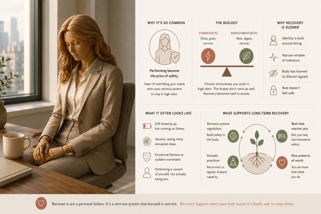 Editorial illustration of a wooden mannequin woman in a beige suit sitting quietly at a desk by a window with nervous system burnout diagrams in warm natural light.