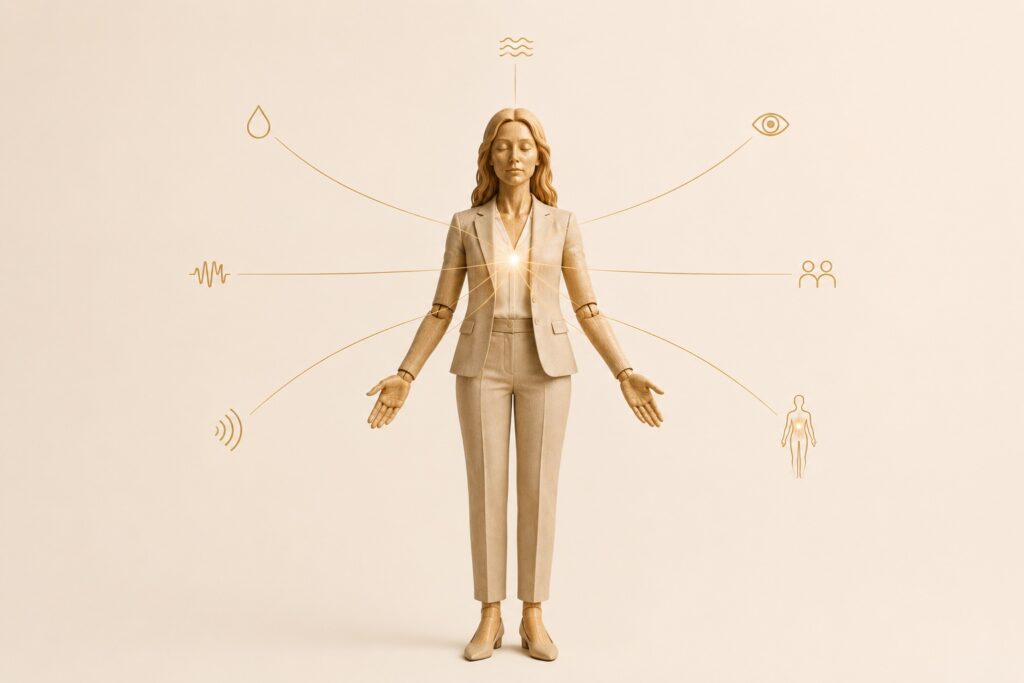 Conceptual illustration of a woman wooden mannequin with seven nerve pathway lines representing evidence-based nervous system regulation techniques