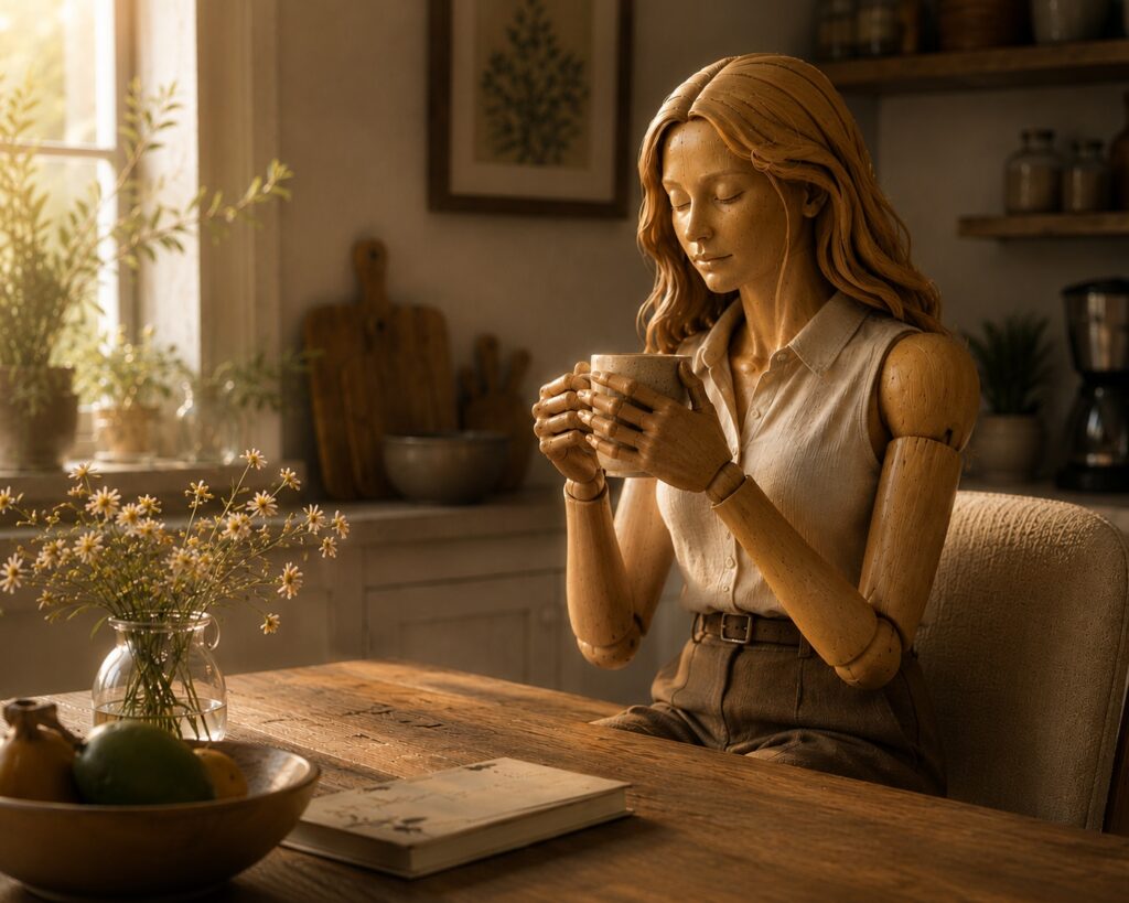Wooden woman mannequin holding a warm mug at a sunlit kitchen table.