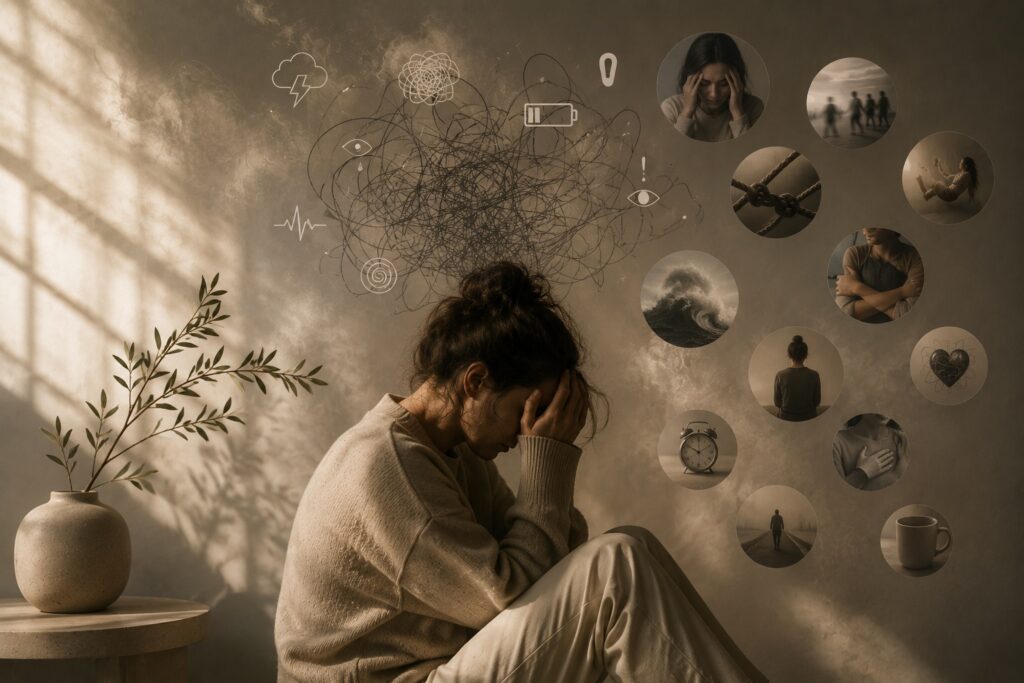 Conceptual image of anxiety, burnout, and nervous system dysregulation