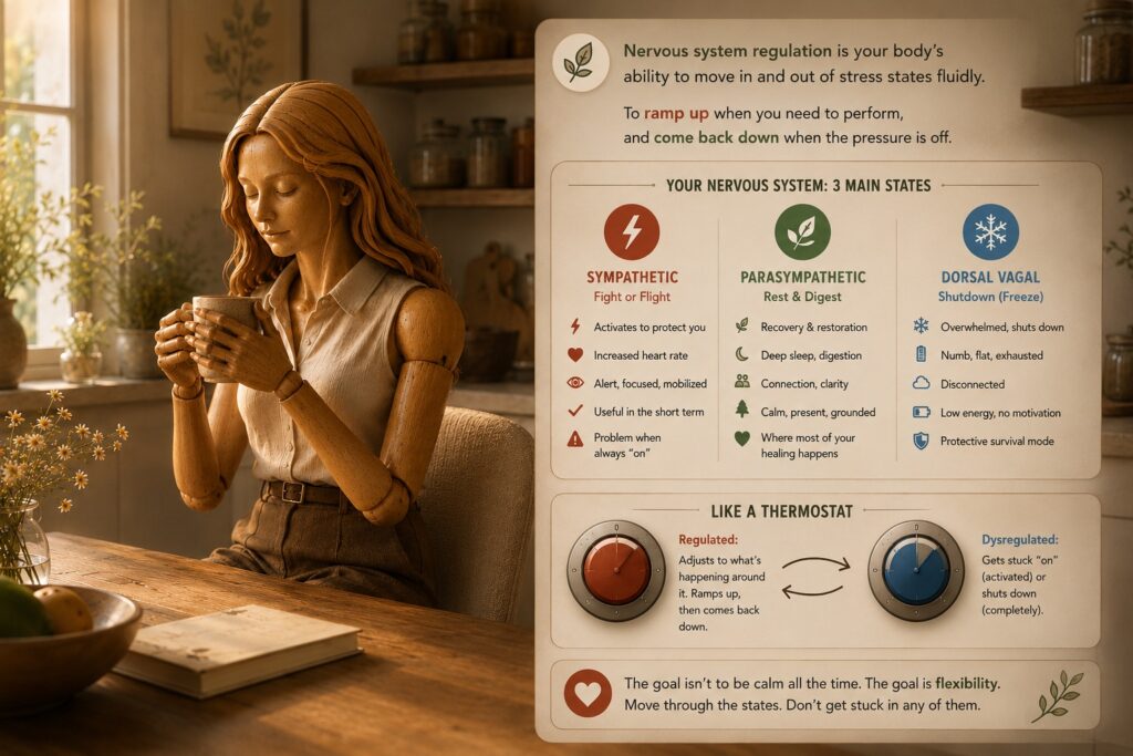 Wooden woman mannequin in a sunlit kitchen beside a nervous system regulation thermostat infographic.