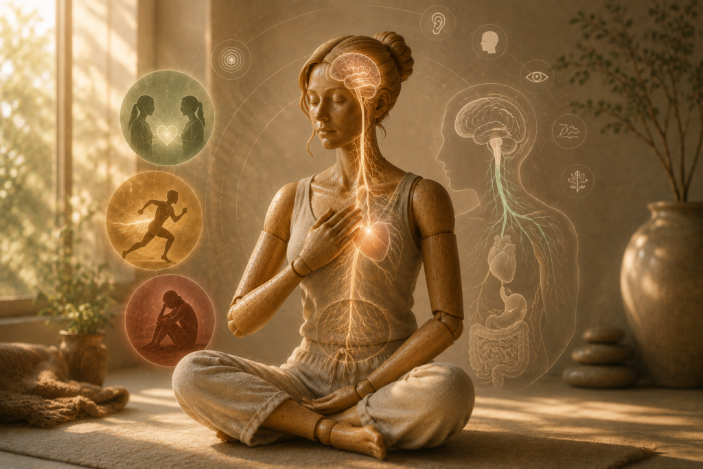 A woman sitting peacefully with one hand on her chest, with a soft illustration of the vagus nerve pathway glowing through her body, representing polyvagal theory and nervous system regulation.