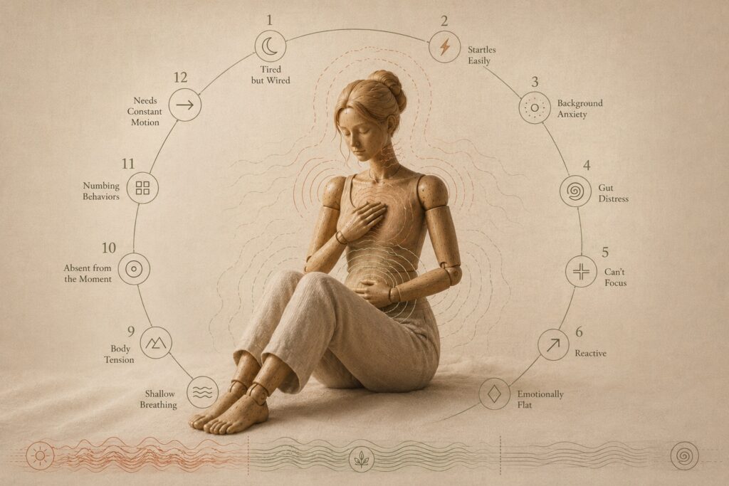 Wooden female mannequin seated on the floor with subtle nervous system wave patterns and a circular diagram illustrating 12 signs of nervous system dysregulation.