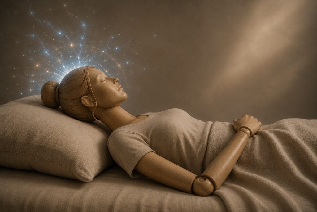 Conceptual illustration of tired but wired pattern showing nervous system activation during exhaustion