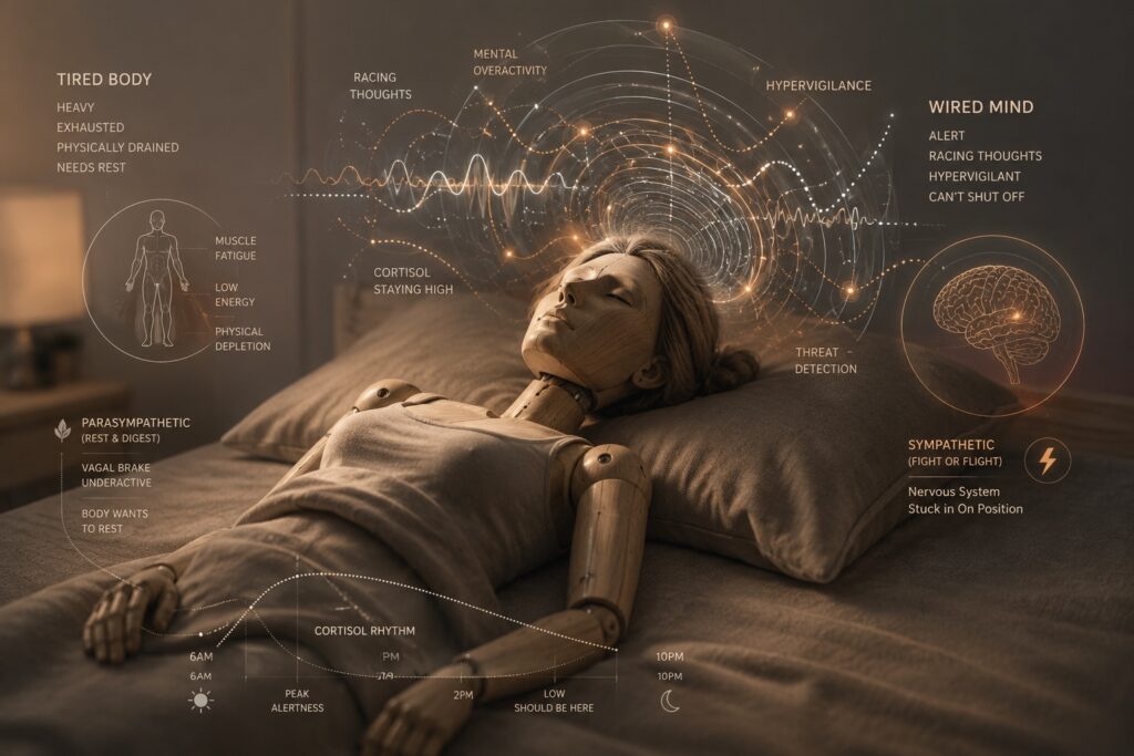 Realistic wooden female mannequin lying awake in bed, body visibly exhausted and heavy while abstract nervous-system waves and clinical diagram overlays radiate around her head, illustrating the “tired but wired” stress response.