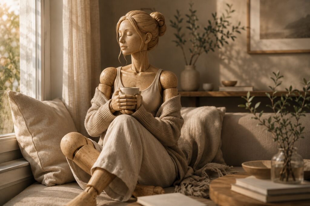Conceptual illustration of a woman sitting quietly by a window in soft natural light, eyes closed, hands relaxed, in a moment of stillness and rest.