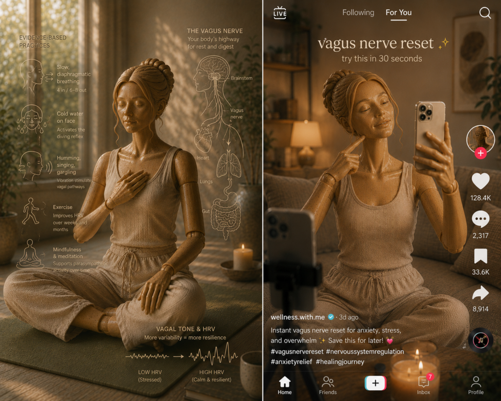 Split-screen editorial illustration of a wooden mannequin woman comparing grounded nervous system regulation with social media wellness content. The left side features subtle diagrams explaining the vagus nerve, HRV, and evidence-based practices such as slow breathing, cold water, humming, exercise, and mindfulness. The right side depicts the same woman filming a wellness video alongside minimalist diagrams illustrating unsupported vagus nerve claims, emphasizing the difference between science-backed practices and viral trends.